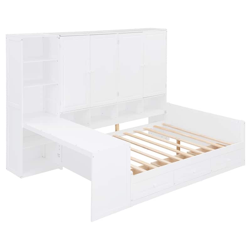 Full Size Daybed, All-in-one Storage Daybed w/ 3 Drawers, Cabinet, Wooden Twin Day Bed Frame w/ Wood Slat Support, Desk