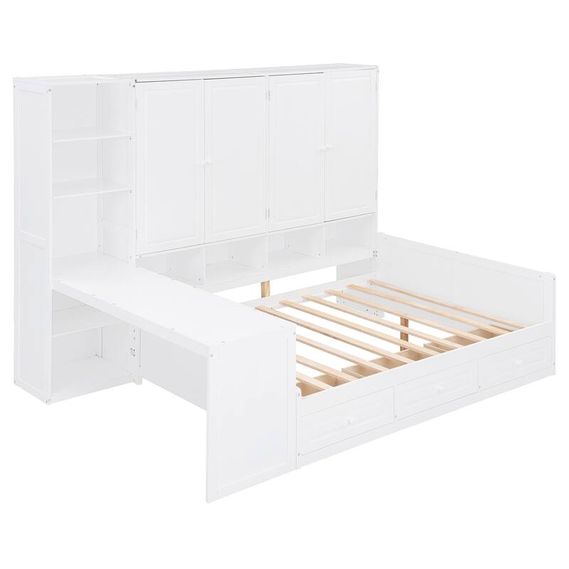 Wooden Daybed Frame All-in-One Bookcase Captains Bed with Storage Cabinet, Wardrobe, Side Writing Desk and 3 Bottom Drawers
