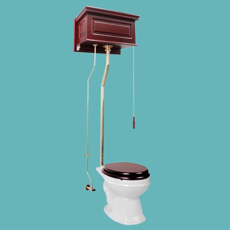High Tank Toilet - Cherry Wooden Tank, Elongated White Bowl and Brass L Pipes Renovators Supply
