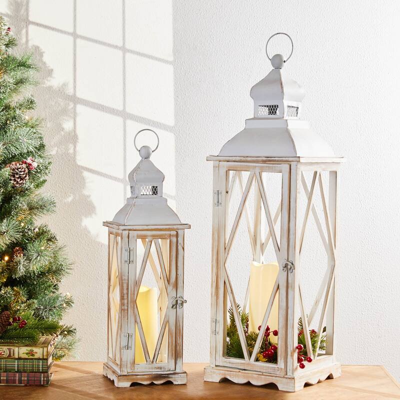 Glitzhome 2-piece Vintage Farmhouse Style Wood/ Metal Lantern Set