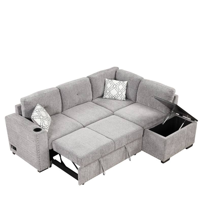 83.8" L-Shaped 4-Seat Sofa with Pull-Out Bed & Storage
