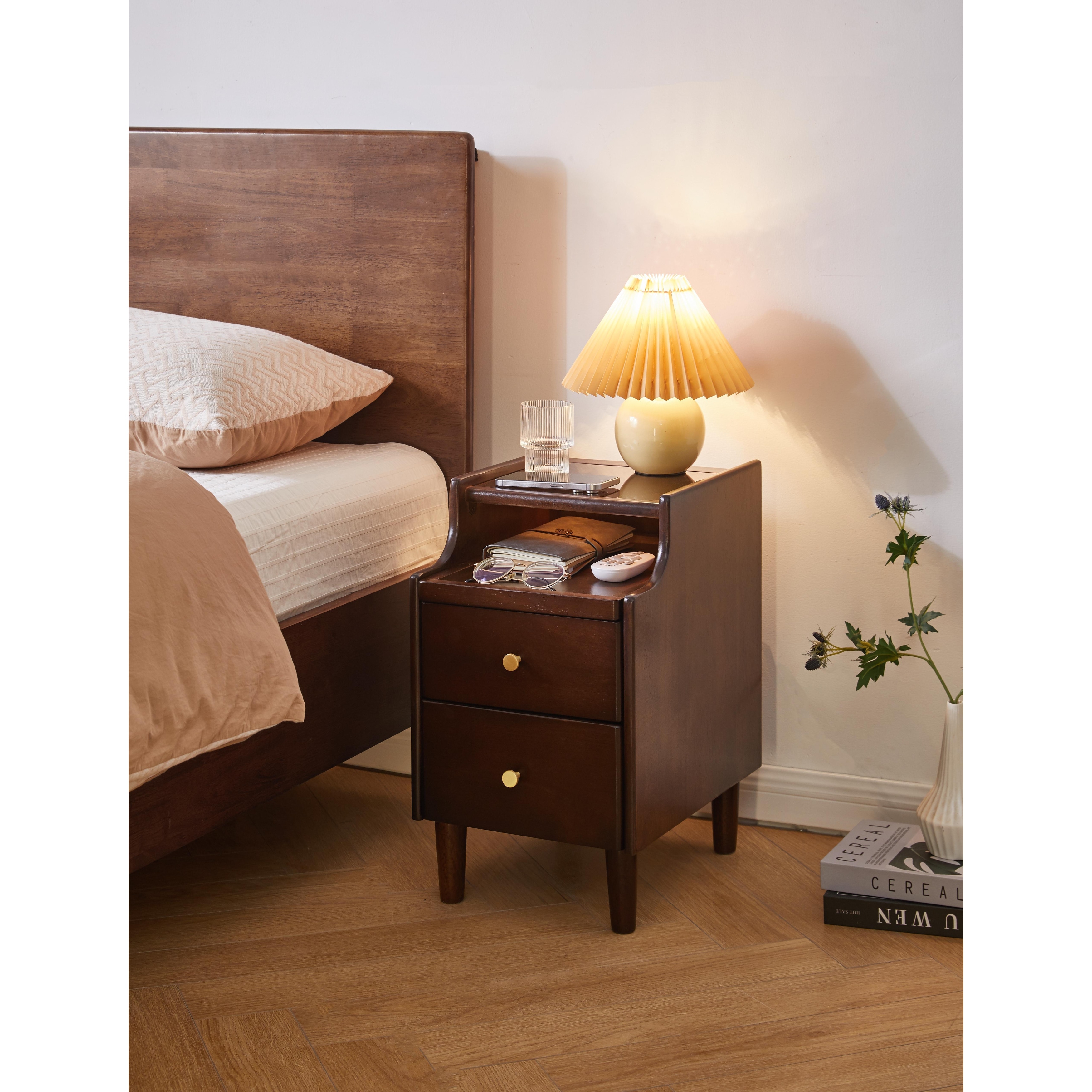 Solid Wood Nightstand with Two Drawers and Pull-out Panel Storage Bedside Table and Sofa Side Table