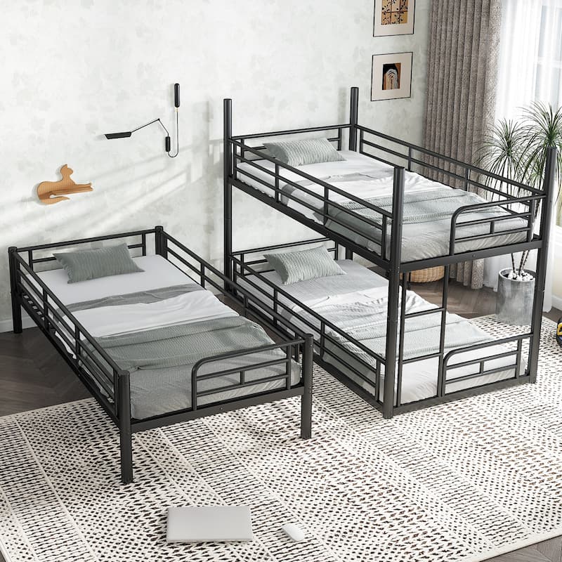 Twin over Twin over Twin Bunk Bed, Metal Triple Bunk Bed with Safety Guardrails, Heavy-duty Bunk Bed with Noise-reduced Design