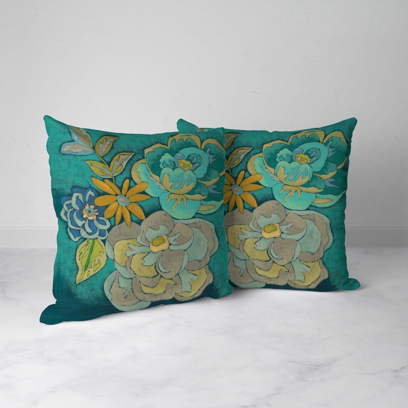 Laural Home Teal Bouquet I Outdoor Decorative Pillow