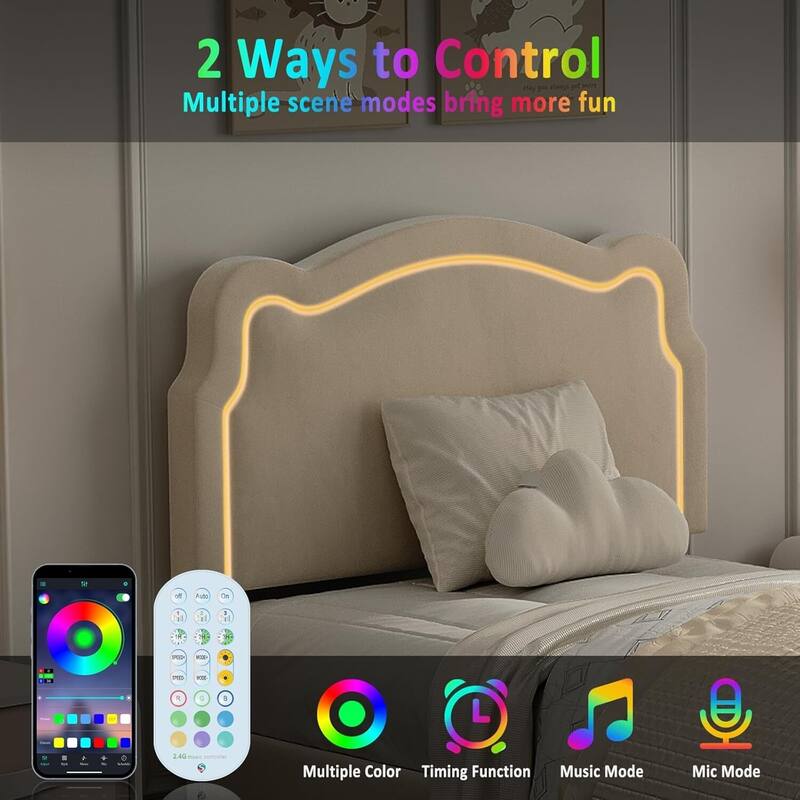 Twin Size Upholstered LED Velvet Platform Bed Frame with Bear-Shaped Headboard, Storage Drawer