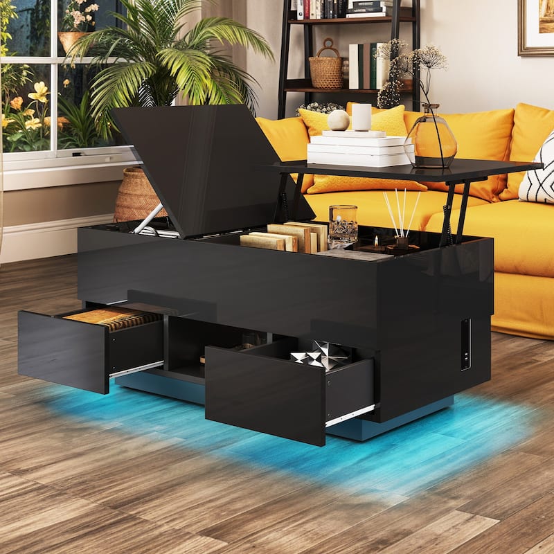 Moasis Modern Glossy Lift Top Coffee Table with Drawers and Hidden Compartment - Black