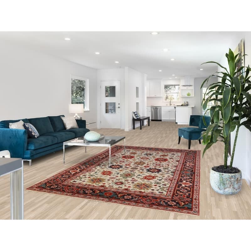 Hand Knotted Oriental 100% Wool Carpet Transitional Geometric Beige & Ivories Oushak Area Rug - 9' 1'' X 5' 11''