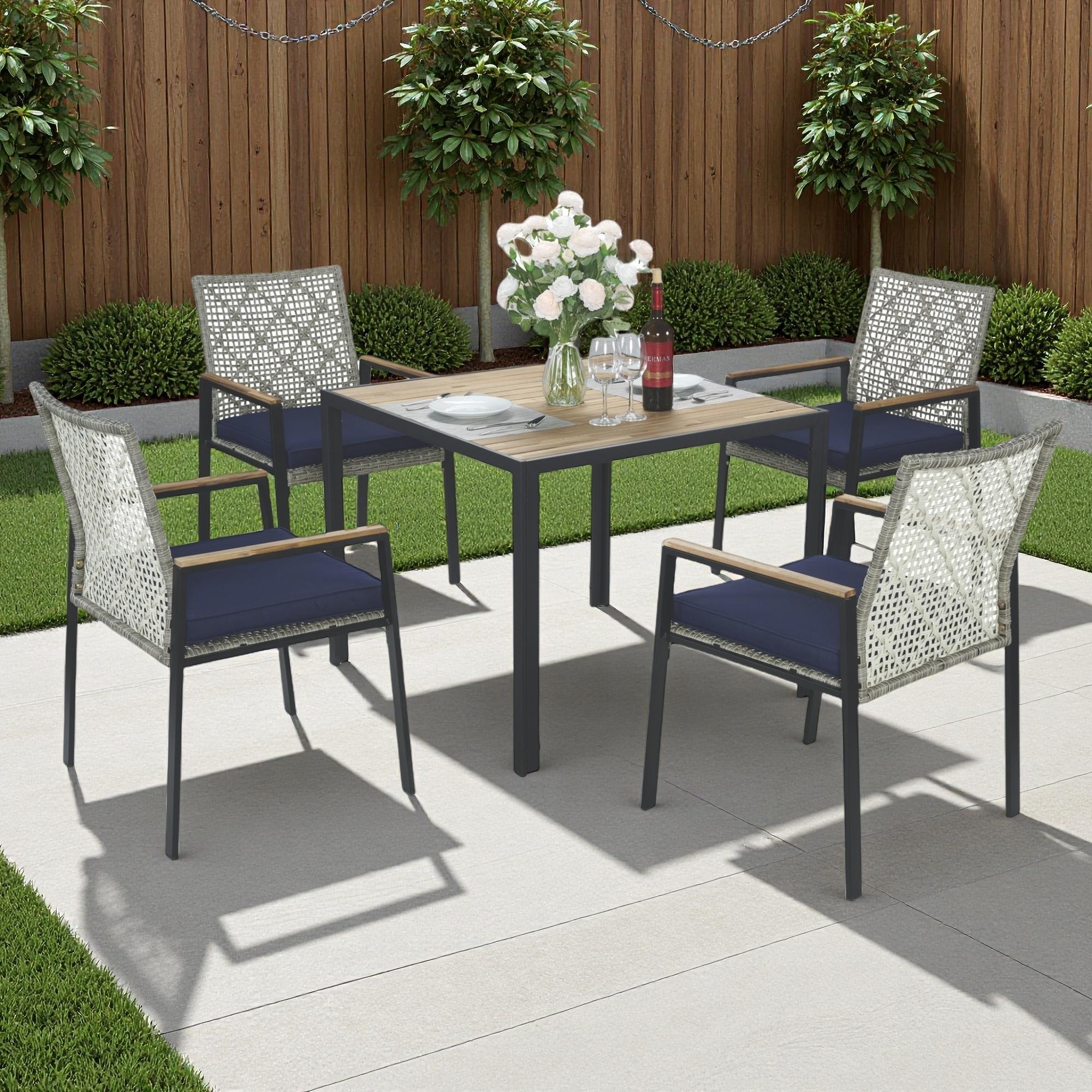 5-Piece Outdoor Patio Rattan Dining Set with Stackable Chairs, 35" Acacia Wood Table Top with Umbrella Hole