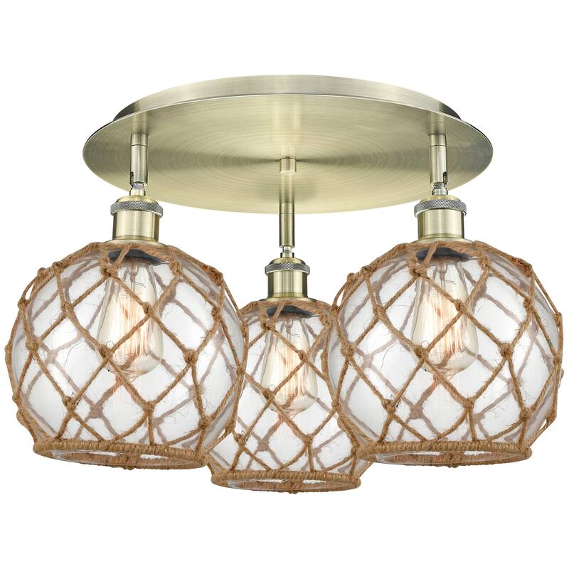 Innovations Lighting Endless Possibilities Ballston - Farmhouse Rope - 3 Light 20" Flush Mount - Antique Brass/Clear Glass with Brown Rope