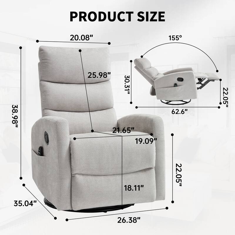 Roomfitters Manual Rocker Swivel Recliner Chair with Heat and Massage Fabric Glider Lounge Sofa for Living Room