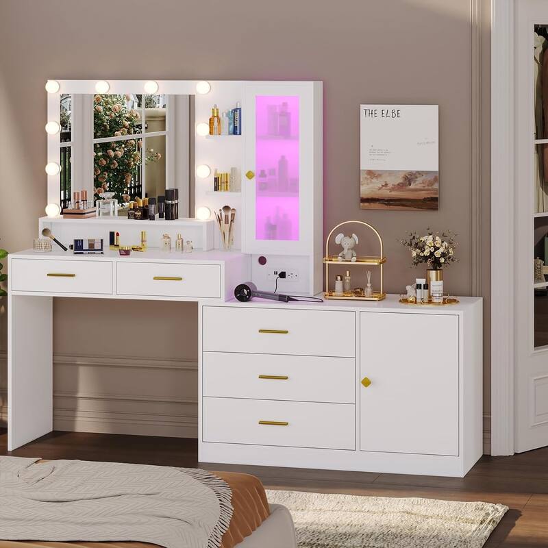 Makeup Vanity Desk Light Bulbs & RGB Cabinets Drawers Storage Shelves