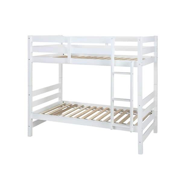 slide 2 of 2, Twin over Twin Size Solid Wood Bunk Bed with Ladder and Fence for Bedroom White