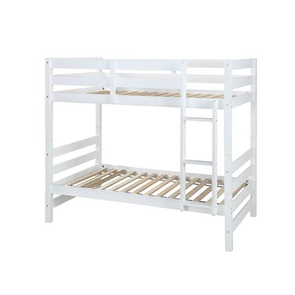 slide 2 of 2, White Twin over Twin Solid Wood Bunk Bed with Ladder and Fence White