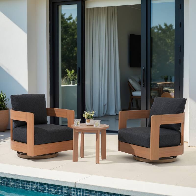 Outdoor 3-Piece Swivel Chair Conversation Set and Coffee Table in Eucalyptus Wood