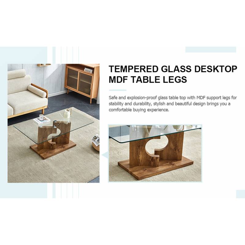 A rectangular modern and fashionable coffee table with tempered glass tabletop and black MDF legs