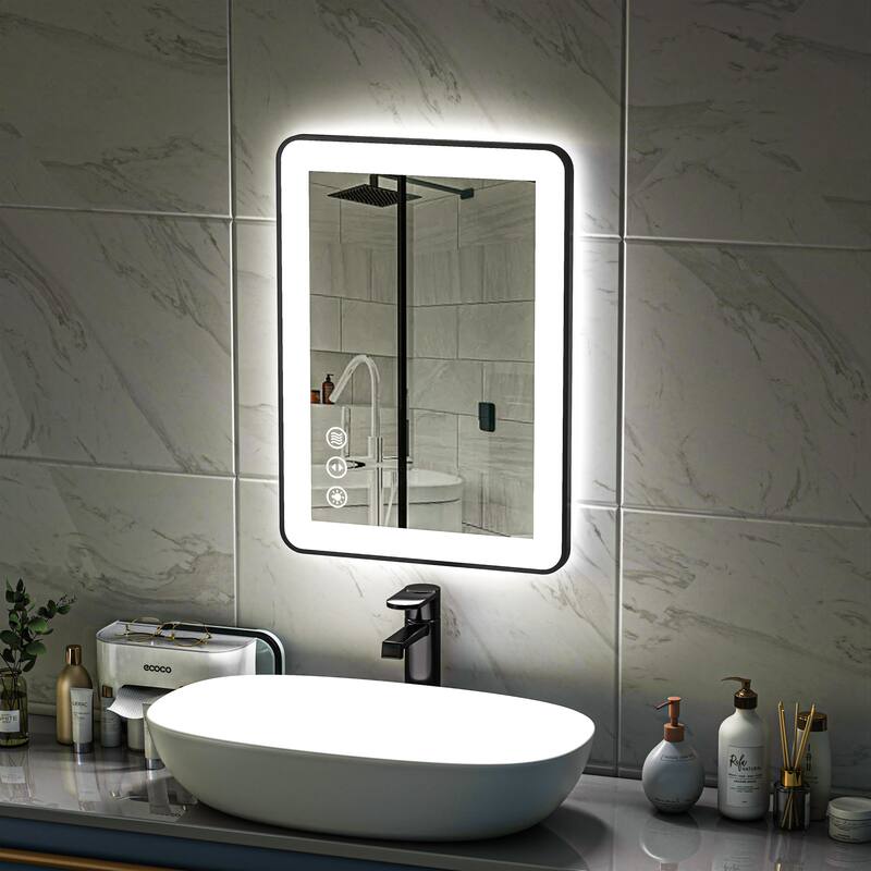 TOOLKISS Black Frame Anti-Fog Dimmable LED Light Vanity Bathroom Mirror with Backlit and Front Light