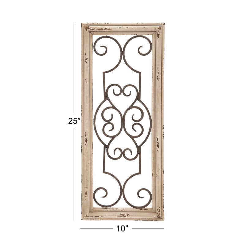 White Wood Small Panel Scroll Home Wall Decor with Black Metal Scrollwork