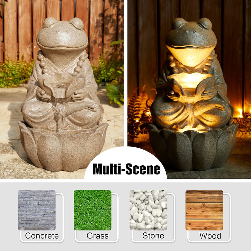 Glitzhome 21.75"H 2-Tiered Lighted Zen Style Frog Elephant Polyresin Outdoor Fountains