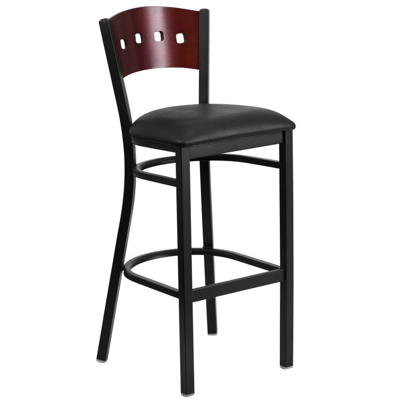 Decorative 4 Square Back Metal Restaurant Barstool - 19.75"W x 20"D x 43"H - 19.75"W x 20"D x 43"H - Mahogany Wood Back/ Black Vinyl Seat