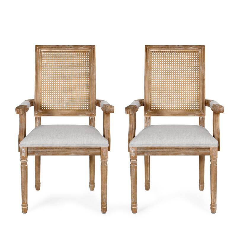Set of 2, Dining Chairs with Cane Backrest and Padded Armrests Rubberwood Frame