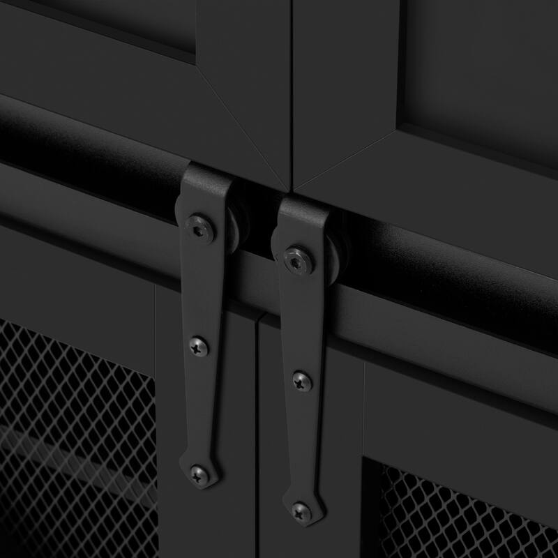 Sliding Barn Door Sideboard with 3 Drawers and Adjustable Shelves, Buffet Cabinet with Metal Mesh and Aluminum Handles