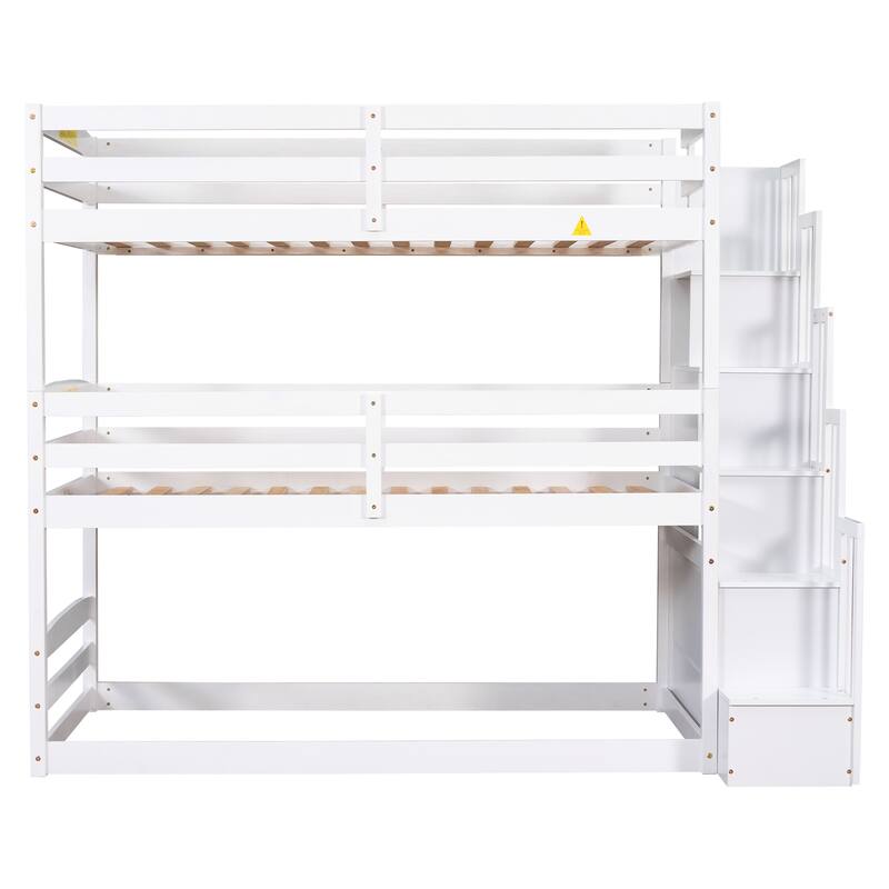 Triple Bunk Bed with Storage Stairs, Twin Size, White, Separate Design