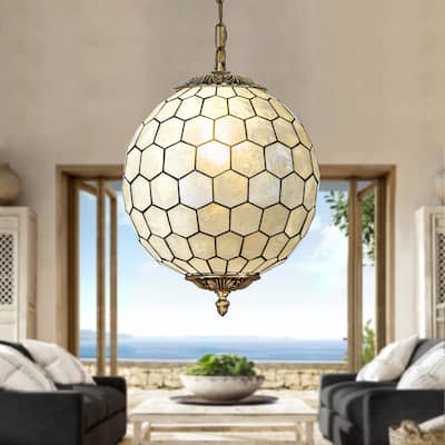 1-Light 12'' Vintage Mid Century Natural Capiz Shell Chandelier Antique Brass French Country Hanging Pendant Light