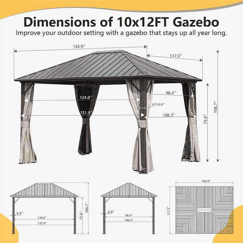 GDFStudio - Sutton Permanent Outdoor Gazebo Pavilion with Galvanized Steel Roof and Full Privacy Netting