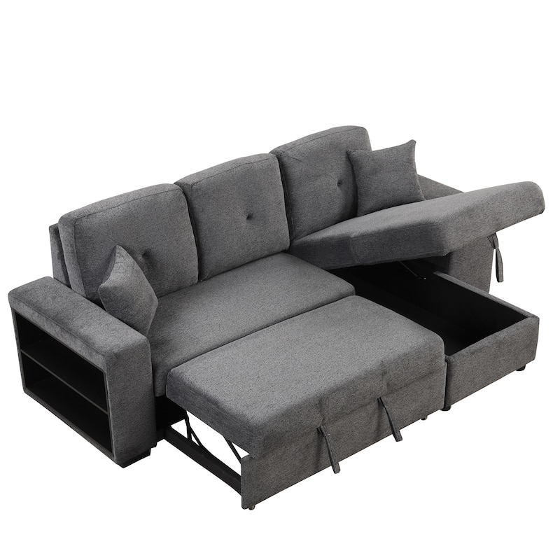 95" Velvet Sectional Sofa with Storage Chaise and 2 Stools and Reversible L-Shape Sofa Bed