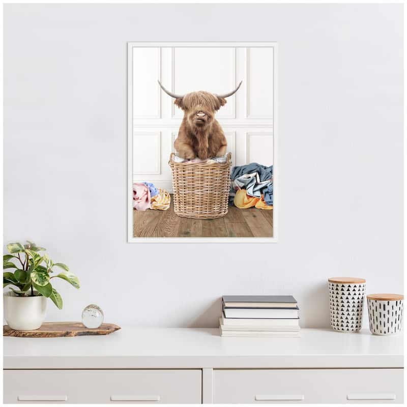 Kate and Laurel Sylvie Highland Cow Traditional Laundry Framed Canvas by Amy Peterson