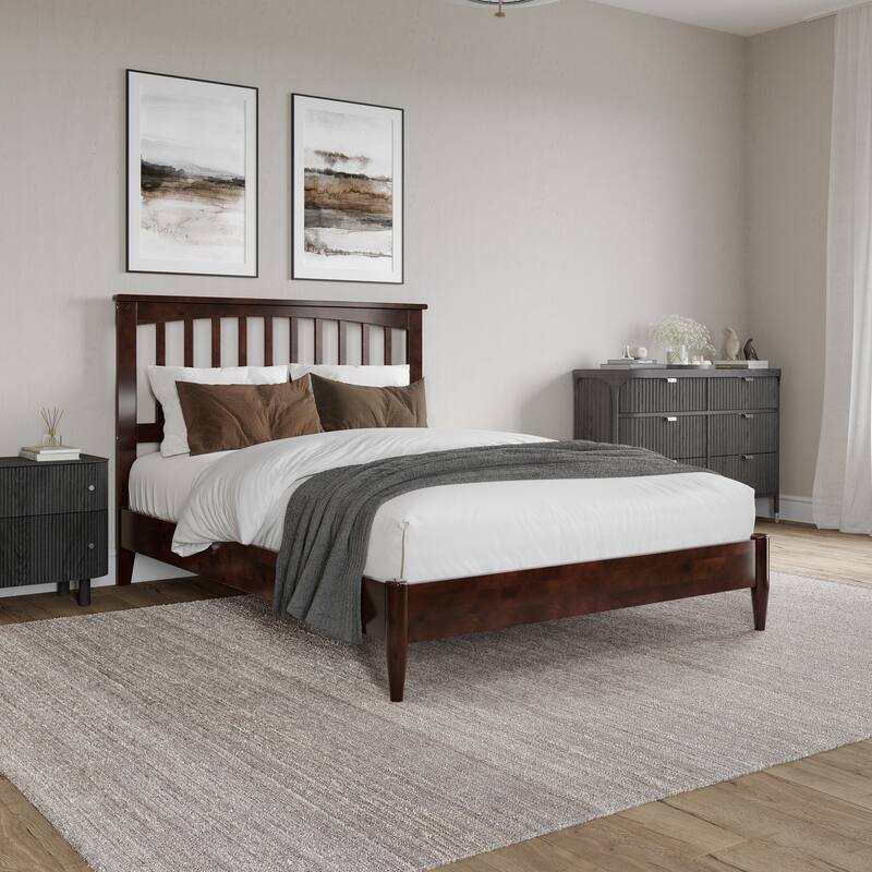 Modern Platform Bed - Low Profile Wood Bed Frame - Full Size Bed - Walnut Finish