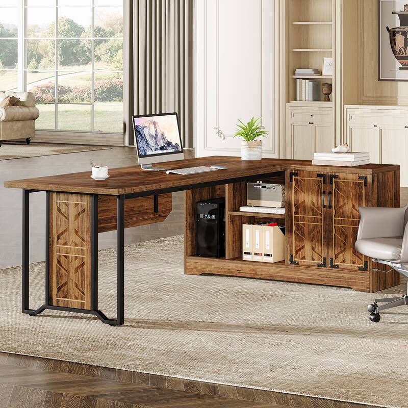 78" L-Shaped Executive Desk, Large Office Desk with Double-Door Storage Cabinet