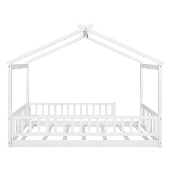 slide 2 of 36, Full Size Wood Bed House Mattresses Bed Frame with Roof, Fence White - Full