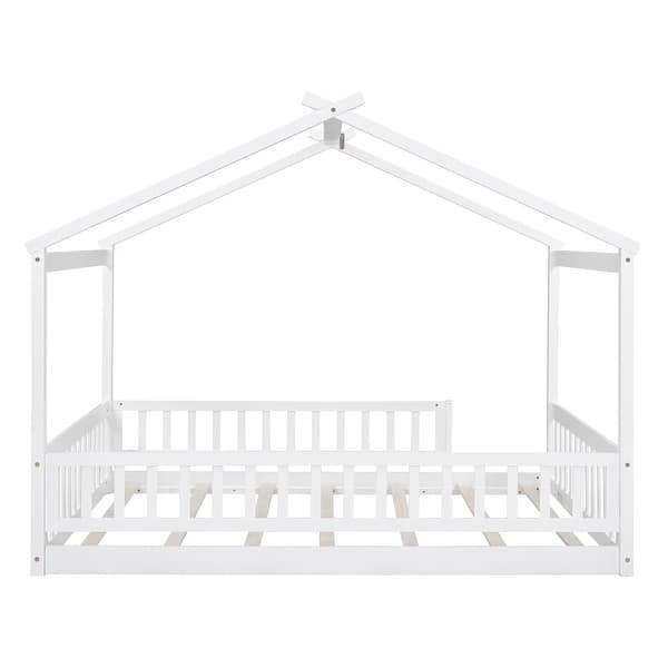 slide 2 of 9, White Full Size Wood Bed House Mattresses Bed Frame with Roof, Fence White - Full