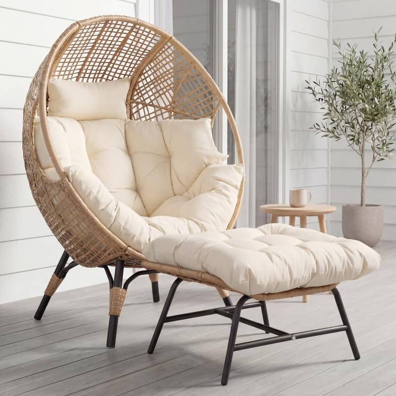 Outdoor Wicker Egg Chair with Ottoman, 6.5" Cushions, 440 lb Capacity - 1 PC-Beige