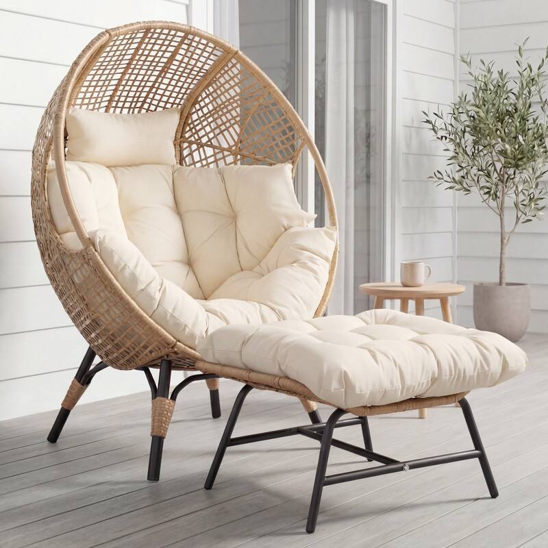 Oversized Wicker Egg Chair with Ottoman, 6.5" Thick Cushions, 440 lb Capacity, Stationary Boho Indoor/Outdoor Lounge Chair - Beige