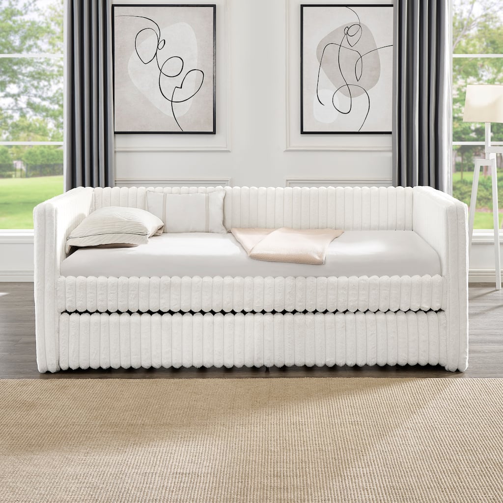 Twin Size Upholstered Daybed, Striped Corduroy Fabric Sofa Bed Frame with Trundle Bed