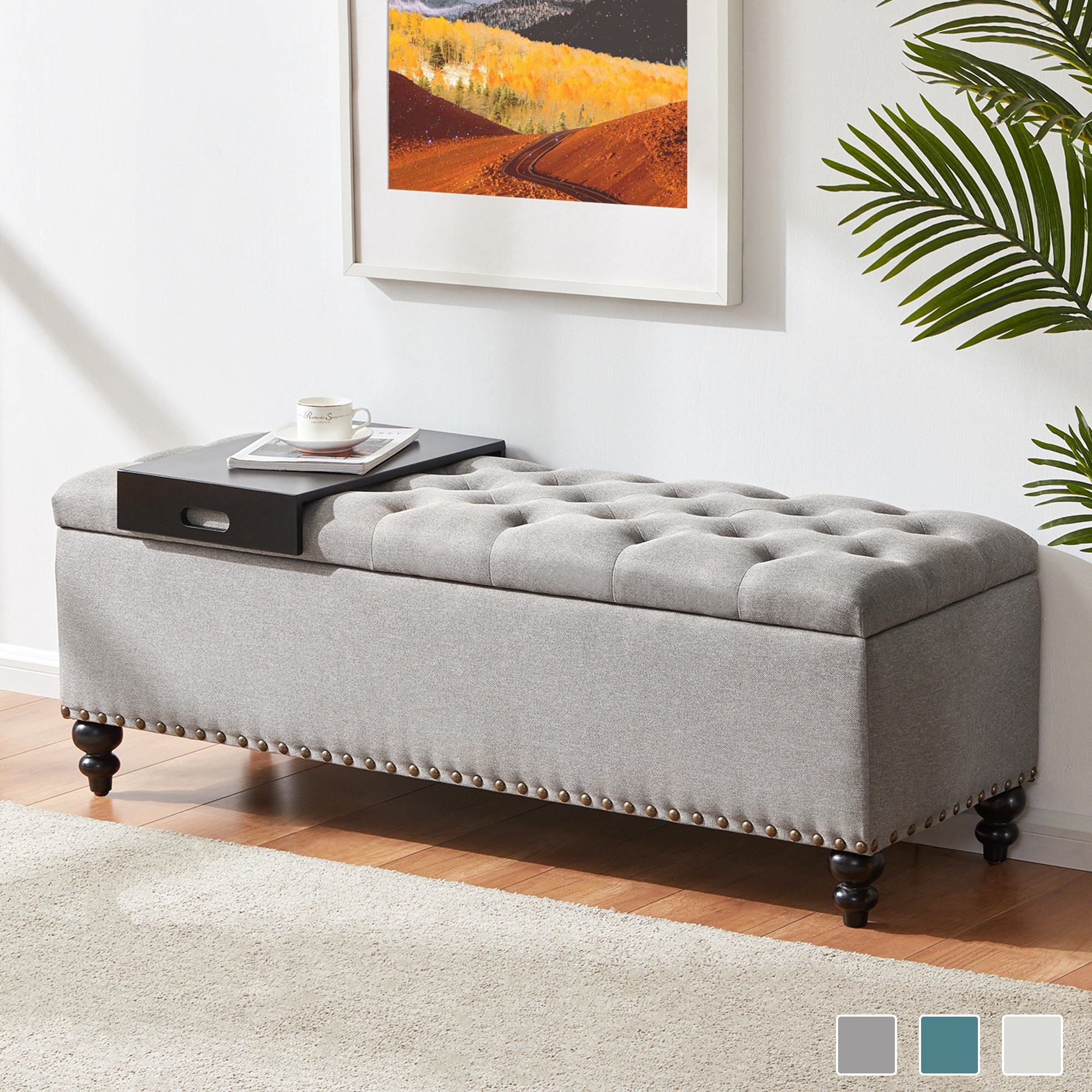 HUIMO 50 inch Button Tufted Storage Bench Ottoman with Removable Tray for Living Room Bedroom Beige Grey Bottom rivets design