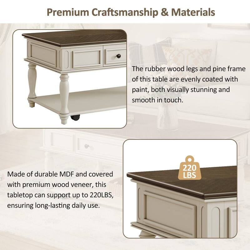 Farmhouse 47.2" Coffee Table with Drawer, Retro Design Easy Assembly and Movable Lockable Wheels for Living Room