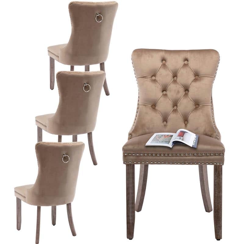 High-end Tufted Velvet Upholstered Nailhead Dining Chair Set of 6 - Set of 4 - Khaki