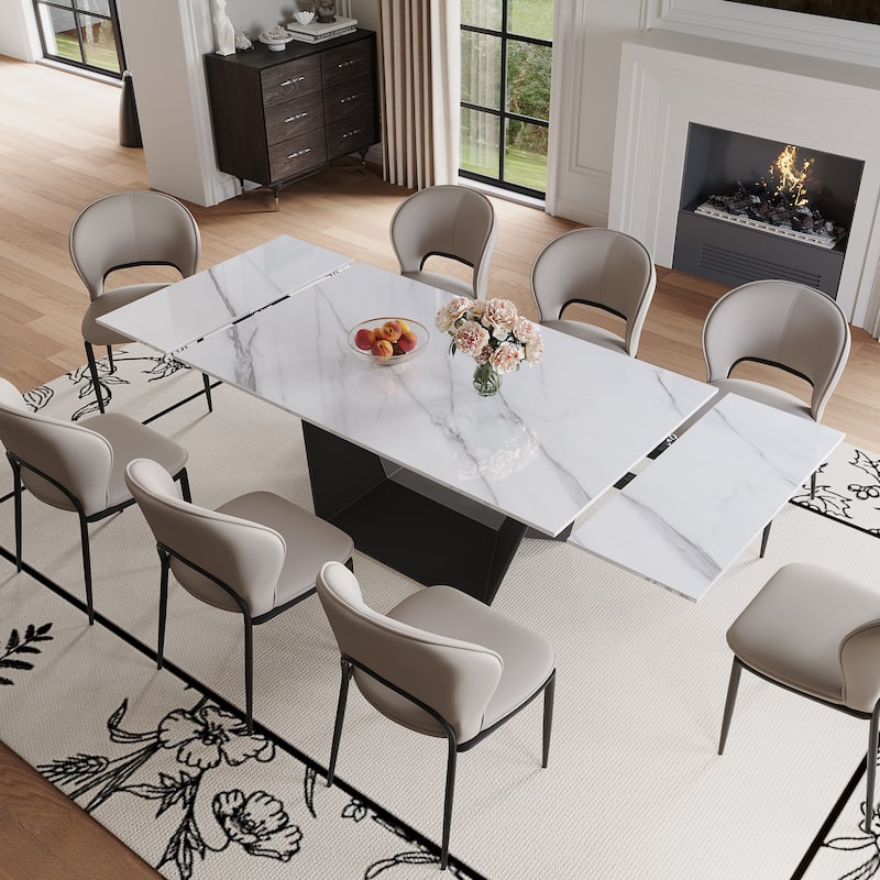 63"-95" Modern Extendable Dining Table For 6-10,White Glossy Sintered Stone Tabletop - 95