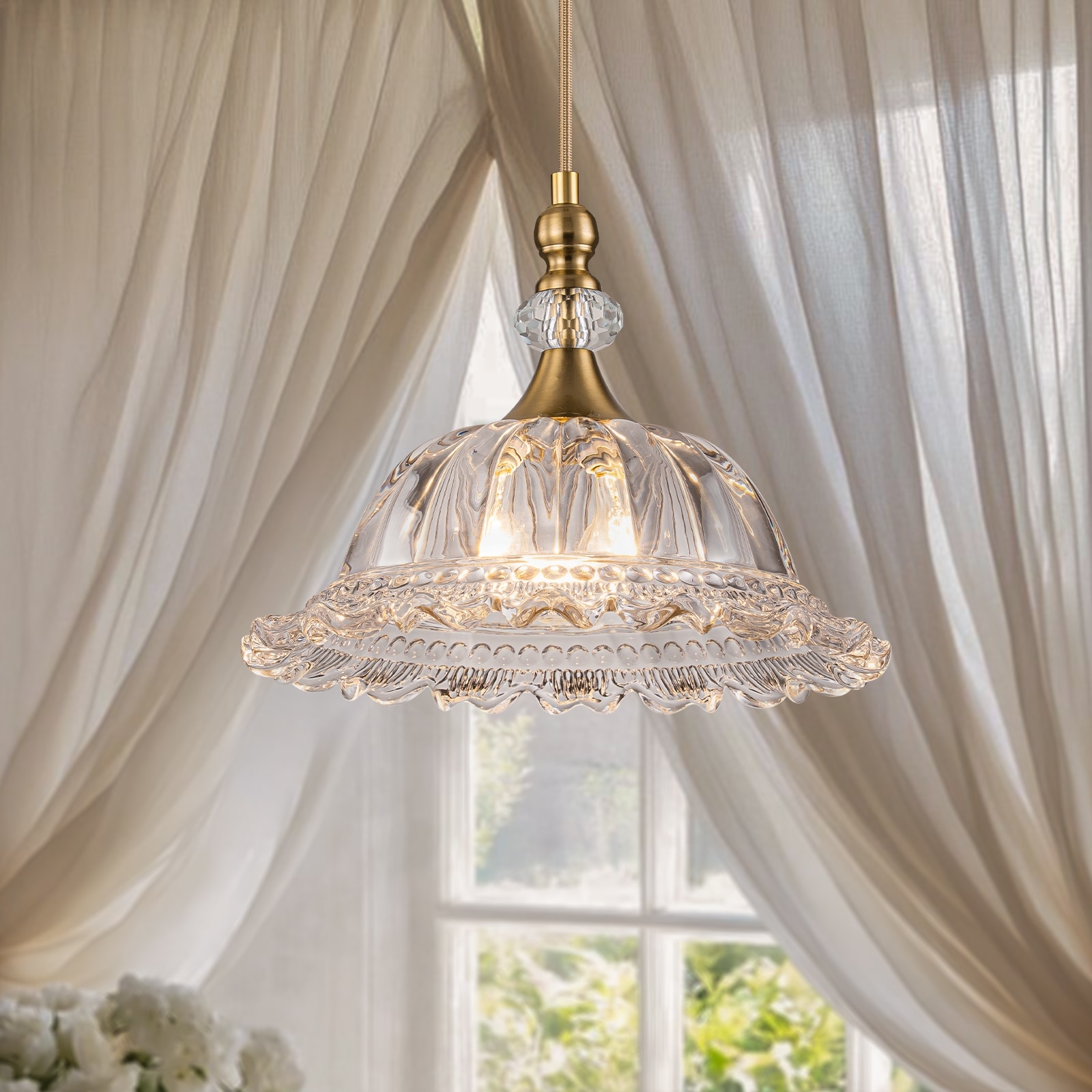 Modern 1-Light Brass-Finish Textured Glass Flower Pendant Light