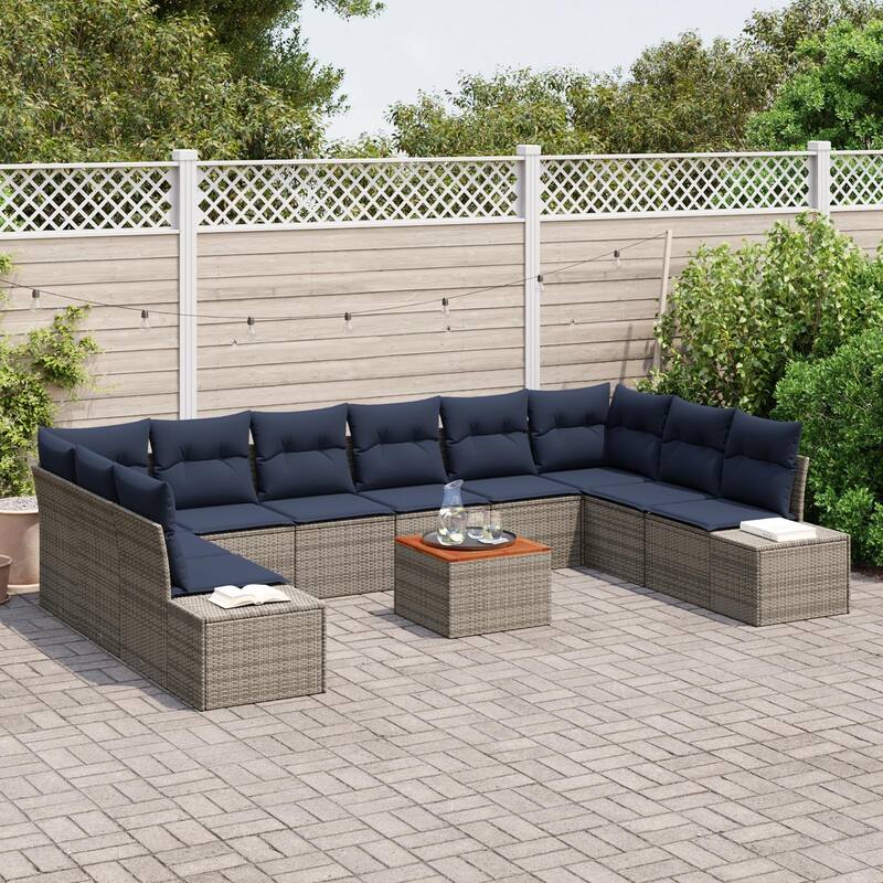 vidaXL 11 Garden Sofa Set with Cushions Black/Grey Poly Rattan - 135.4 x 82.3 x 27.2