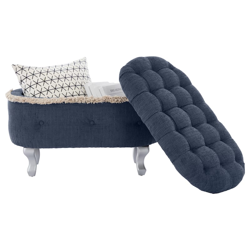 Roomfitters Upholstered Storage Bench with Button Tufted Top, End of Bed Bench with Fringe and Curved Legs