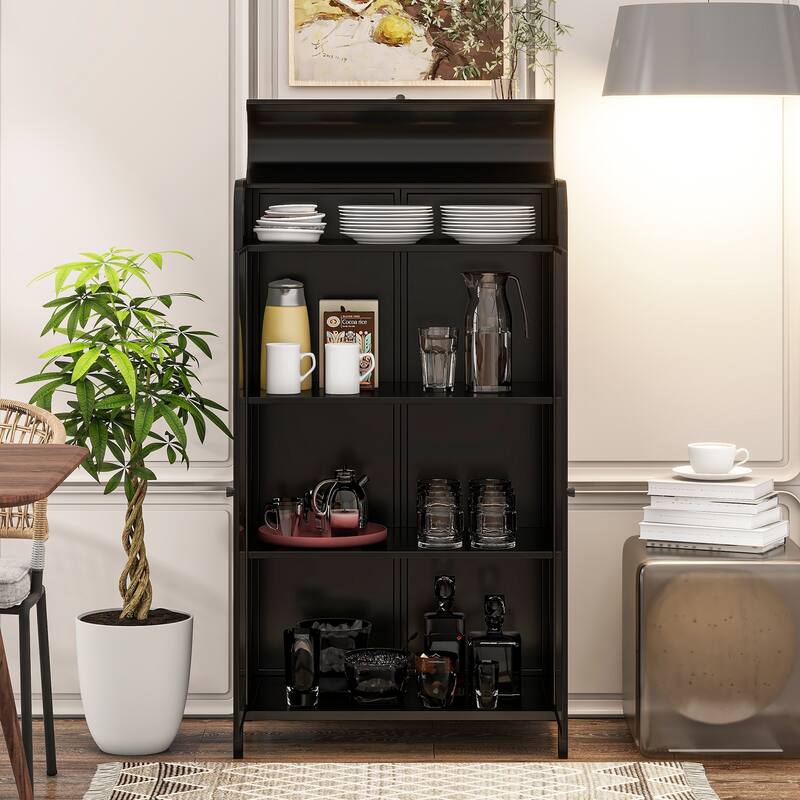 47.6" Tall Metal Storage Cabinet with Glass Doors & Flip-Top, 4-Tier Display Cabinet with Open Shelves