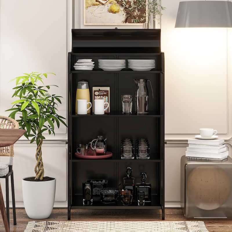 Tall Sideboard Buffet, Storage Cabinet with Glass Doors & Flip-Top, 4-Tier Accent Cabinet with Open Shelves