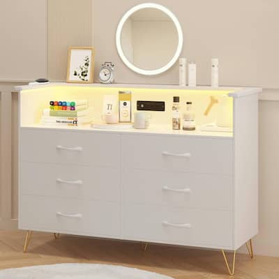 6-Drawer Dresser for Bedroom with LED Lights & Charging Station, Wood Storage Chest with Steel Frame