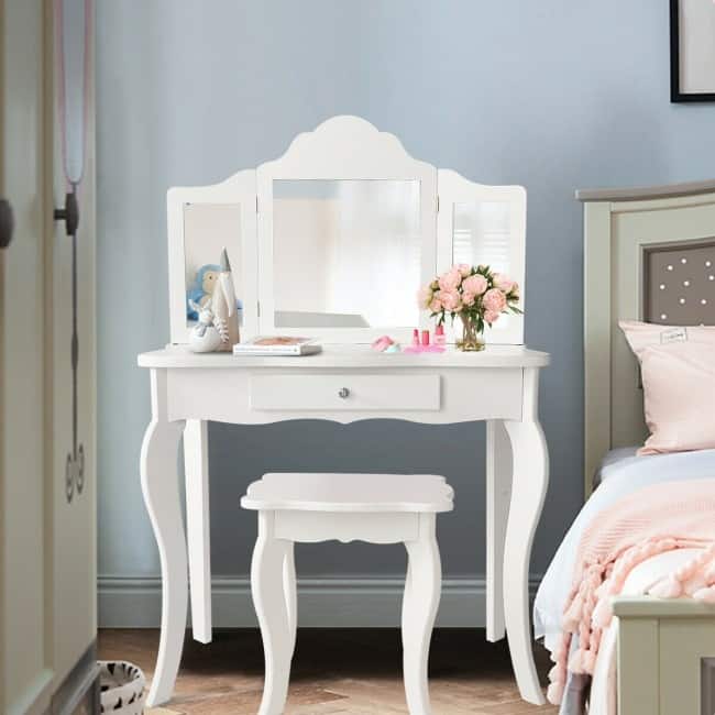 Kids Makeup Dressing Mirror Vanity Table Stool Set - 27.5" x 13.5" x 41" (L x W x H)