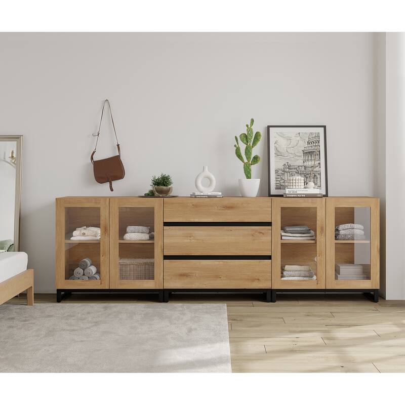 WAMPAT 3 in 1 Modern Dresser with Glass Doors and 3 Drawers, Chest of Drawers for Bedroom