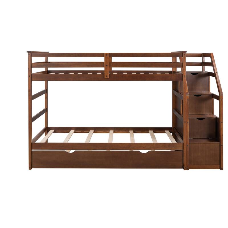 Kids Twin Ove Twin Bunk Bed with Pull-Out Trundle and 3 Storage Stairs, Safety Guardrails and Armrest